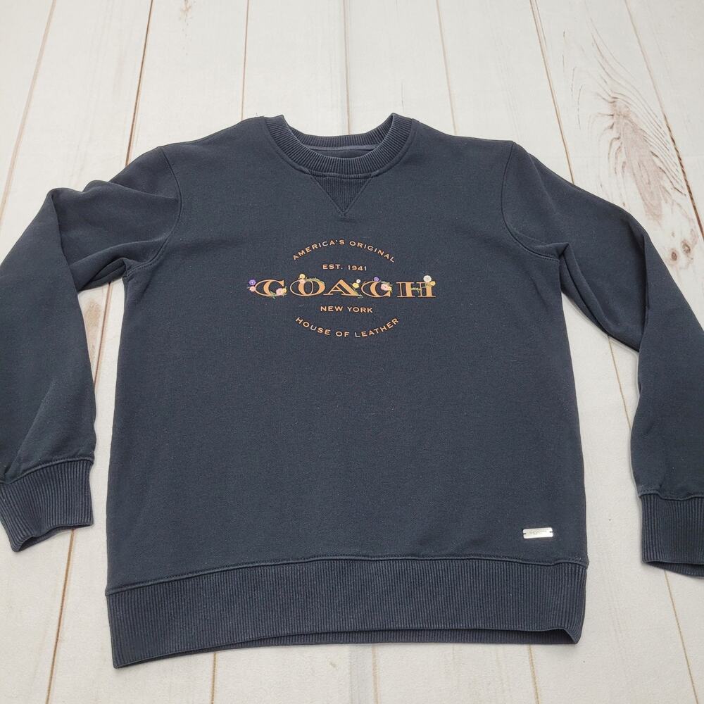 Coach black crew neck floral embroidered fleece pullover large logo